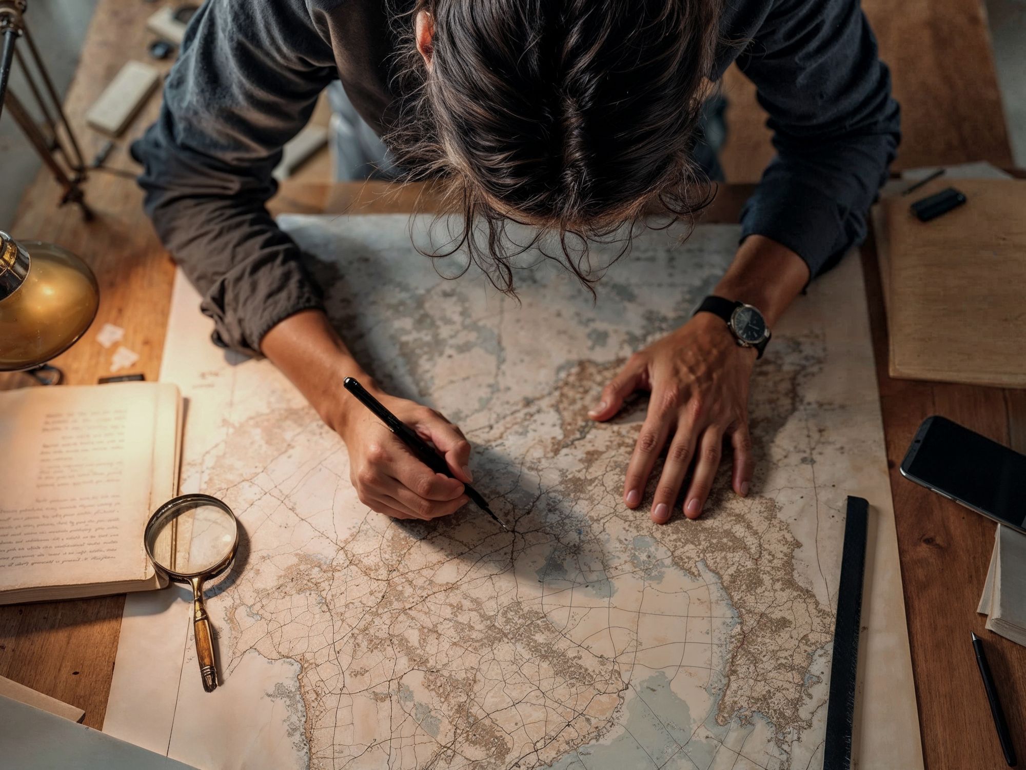 A person studying a map and marking a route at a desk