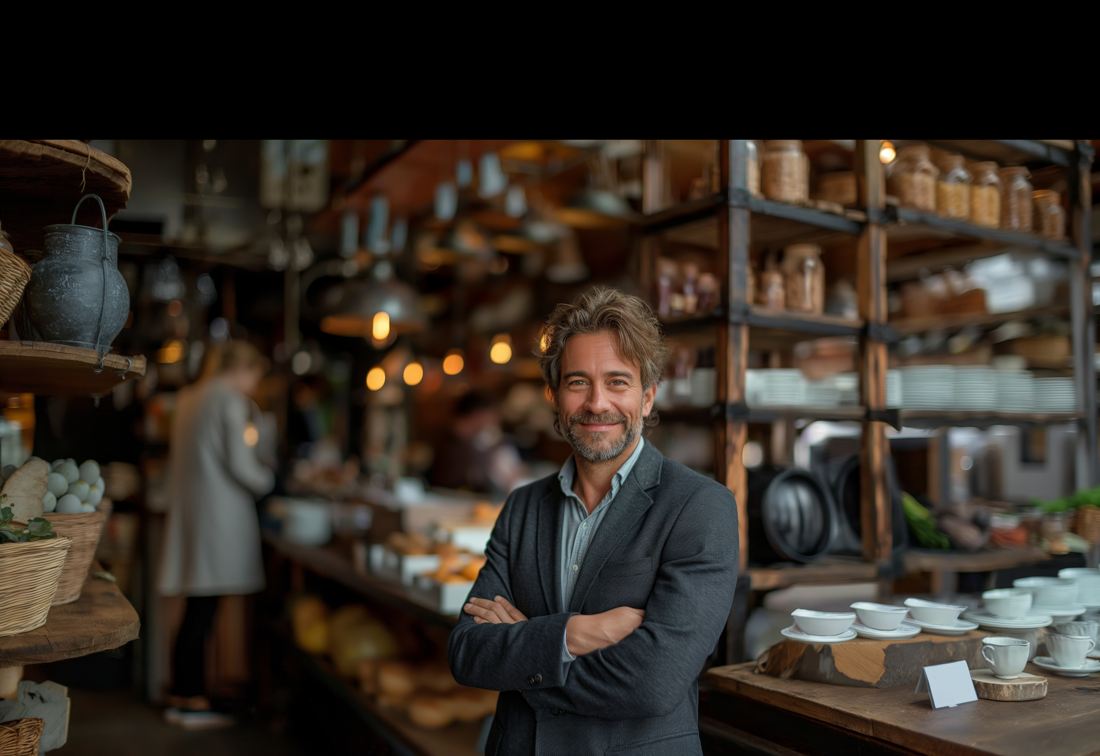 A small-business owner standing proudly in their shop
