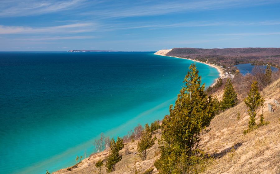 Sweeping turquoise Lake Michigan shoreline from Empire Bluff