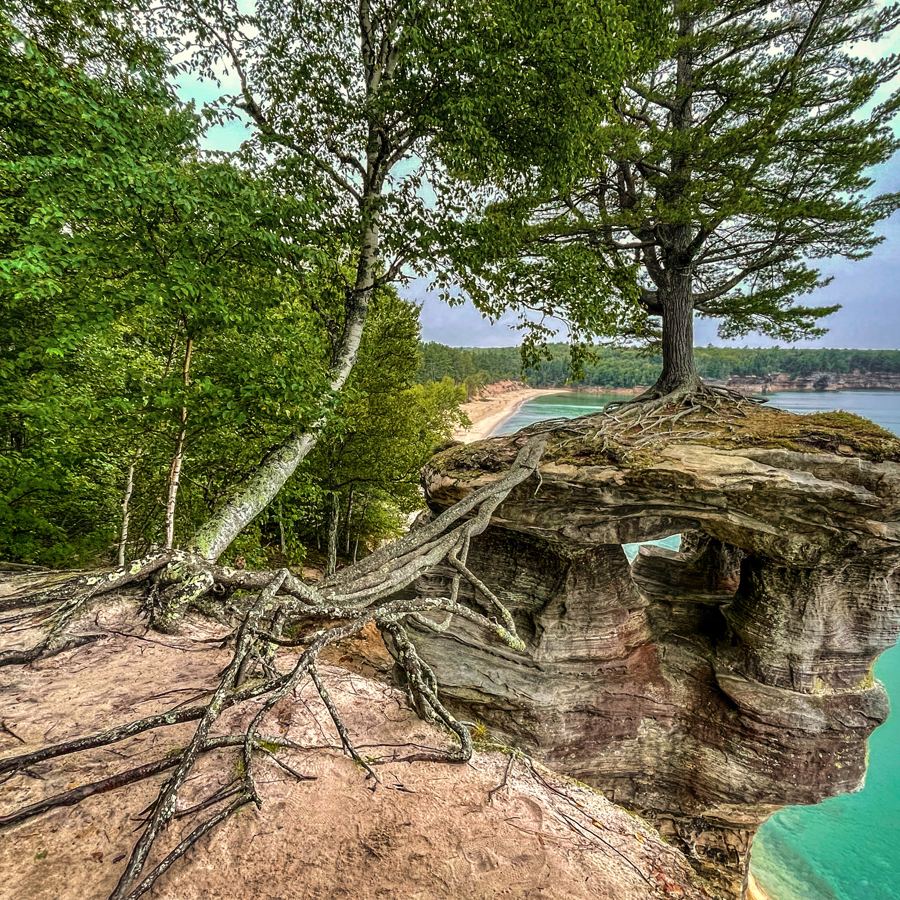Chapel Rock and its lone pine on the Lake Superior shore