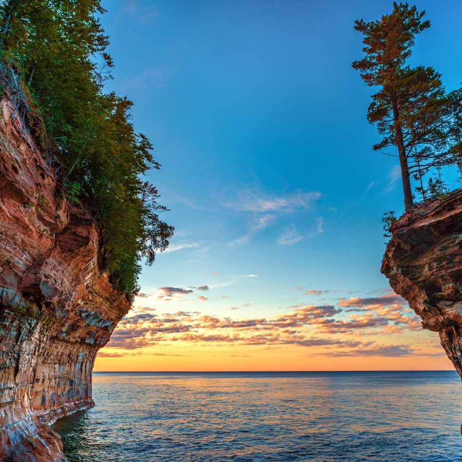 Pictured Rocks cliffs over Lake Superior at sunset
