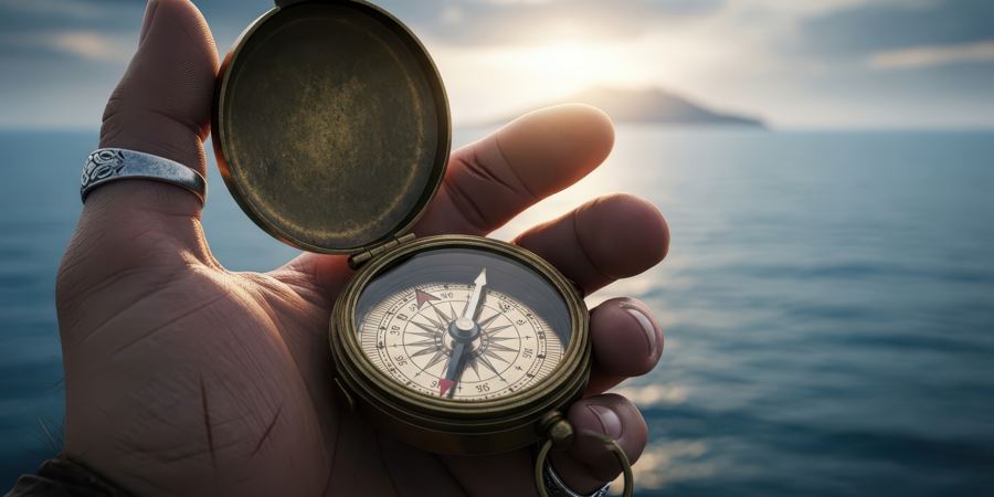 A hand holding a compass steady over calm open water