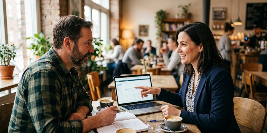An advisor and business owner working side by side at a laptop